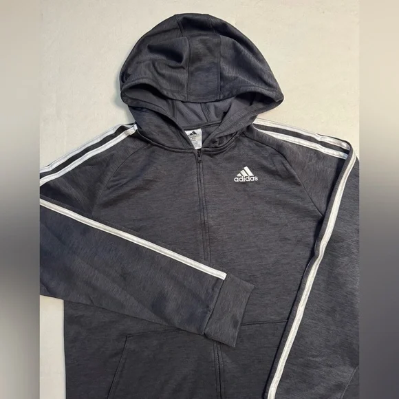 Adidas Boys Melange Charcoal Gray Fleece Full Zip Hoodie with White Stripes - Picture 3 of 8